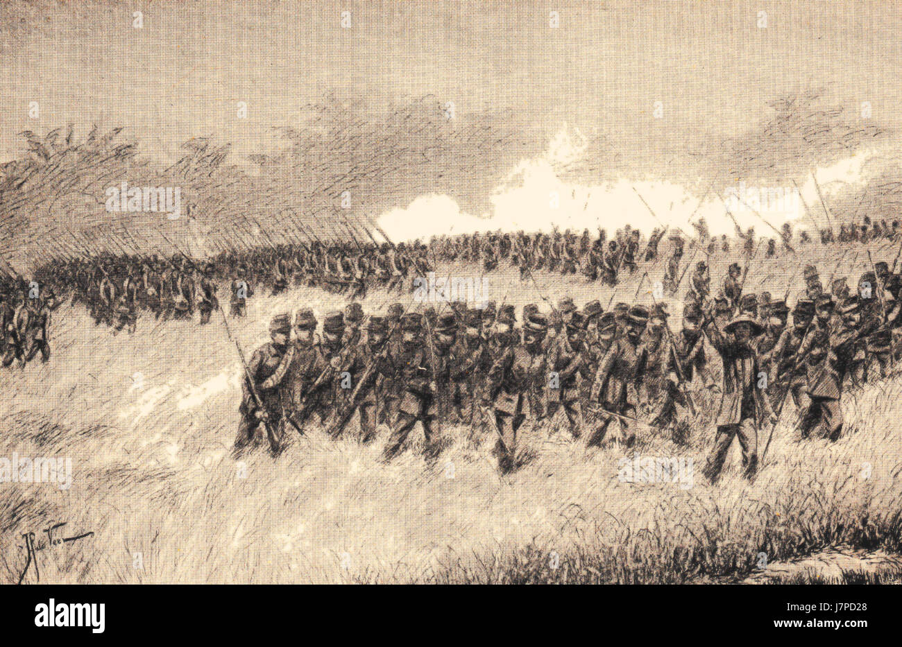 Questa storica illustrazione olandese raffigura l'attacco del colonnello de Brabantâ al kampong (villaggio) di Dentjarek. L'evento riflette le azioni militari coloniali nelle Indie Orientali olandesi. Foto Stock