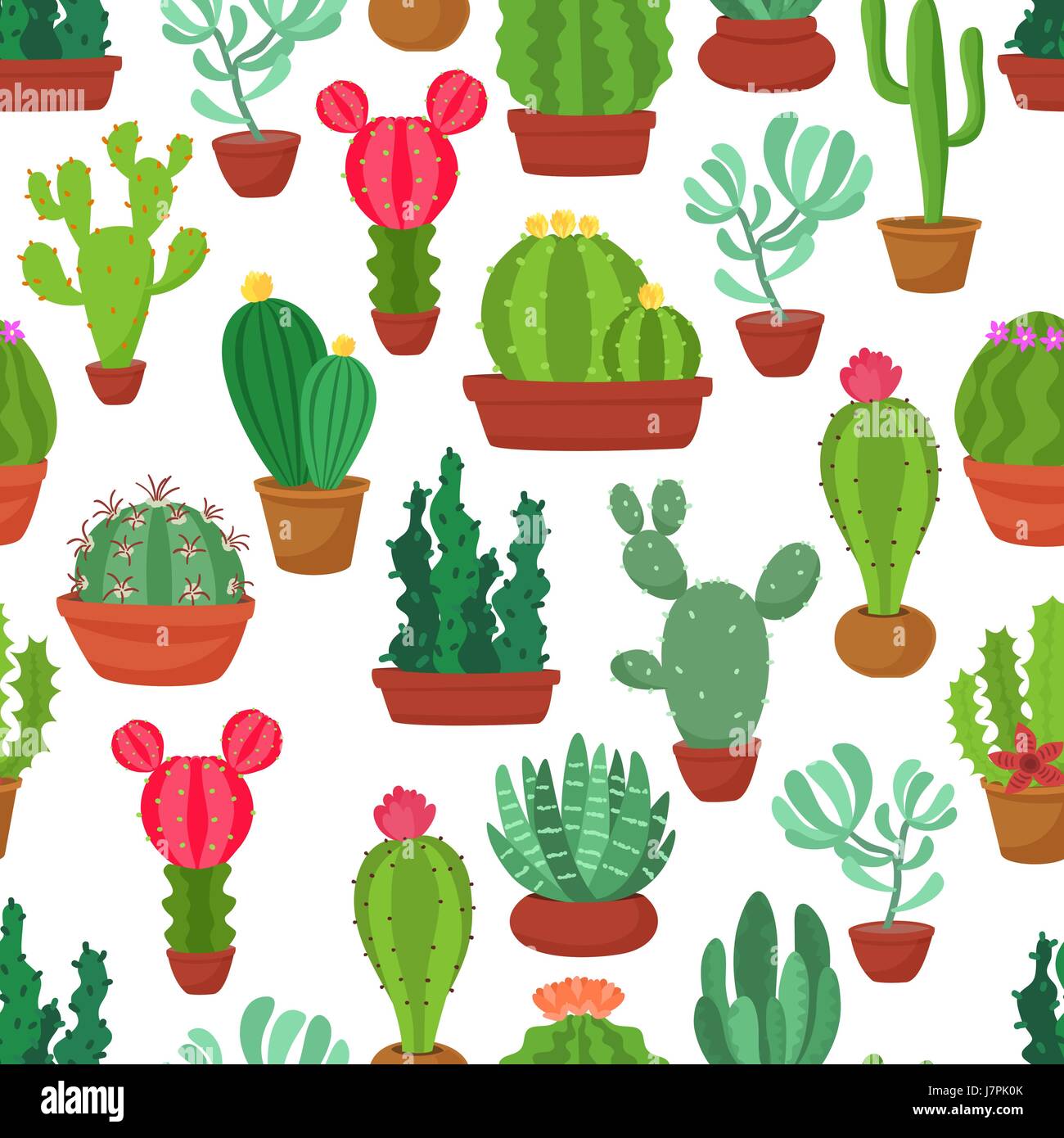 Colorato modello senza giunture di divertenti cactus e succulente. Houseplant e wild cactus sfondo. Illustrazione Vettoriale