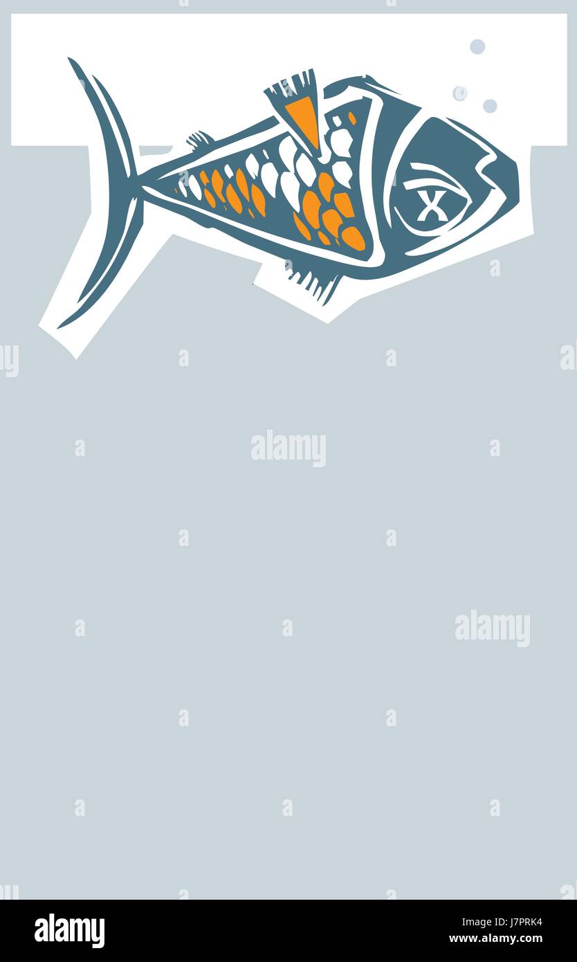 Xilografia stile pesce morto pancia galleggiante fino a un serbatoio di pesce con bolle. Illustrazione Vettoriale