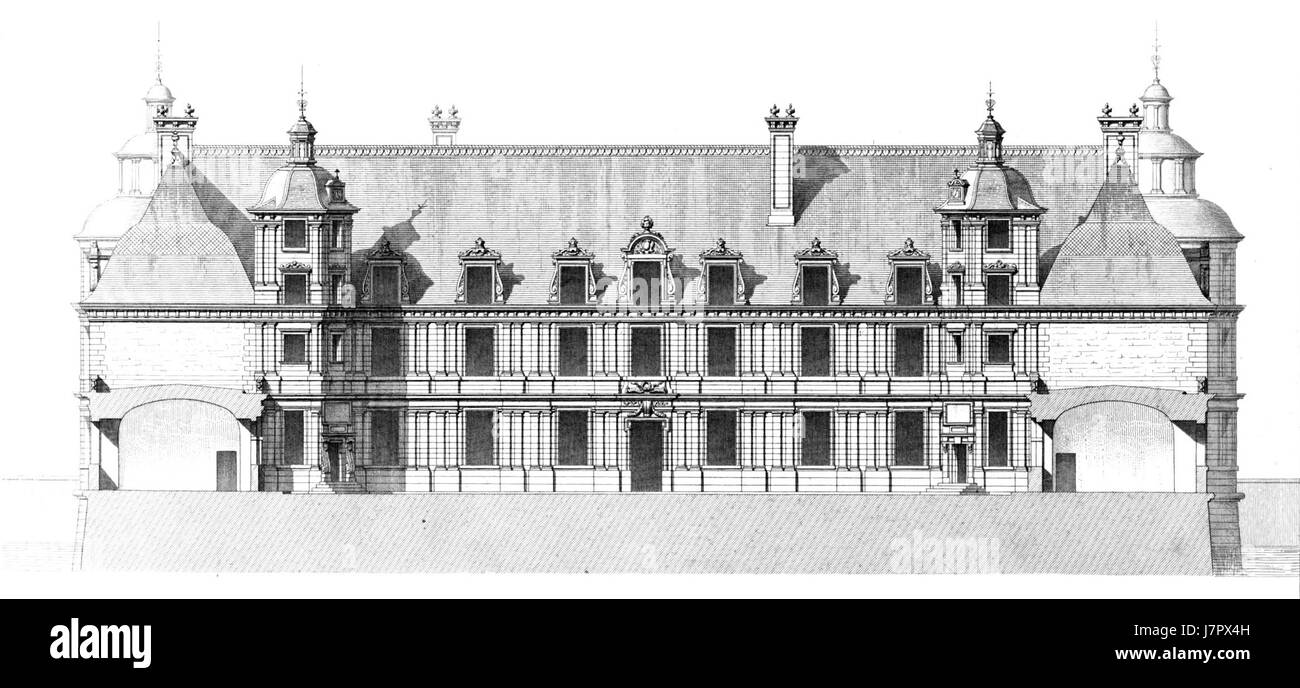 Lo Chateau de Tanlay, situato in Francia, è un classico esempio di architettura rinascimentale francese. Questa particolare illustrazione di Hoffassade Sauvageot cattura la sua grandezza e il suo significato storico come simbolo del patrimonio aristocratico in Borgogna. Foto Stock