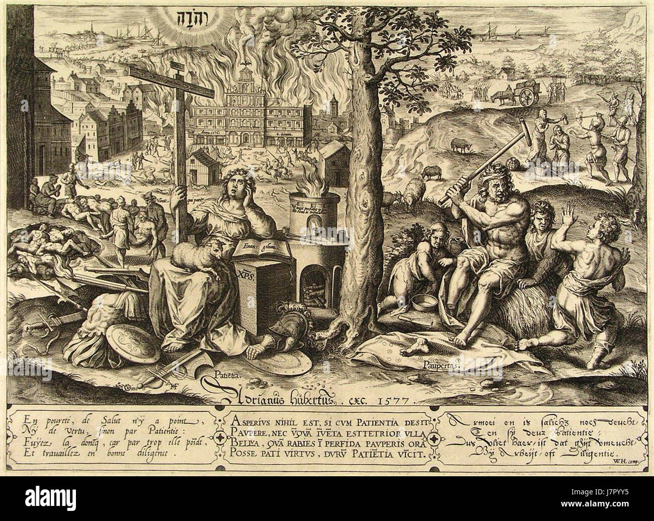 Un'incisione del 1577 di Hans Collaert raffigurante la furia spagnola, un brutale attacco ad Anversa nel 1576. Mostra la distruzione e il caos commessi dai soldati spagnoli durante l'evento, che è stato un momento chiave nella guerra degli ottant'anni tra Spagna e Paesi Bassi. Foto Stock