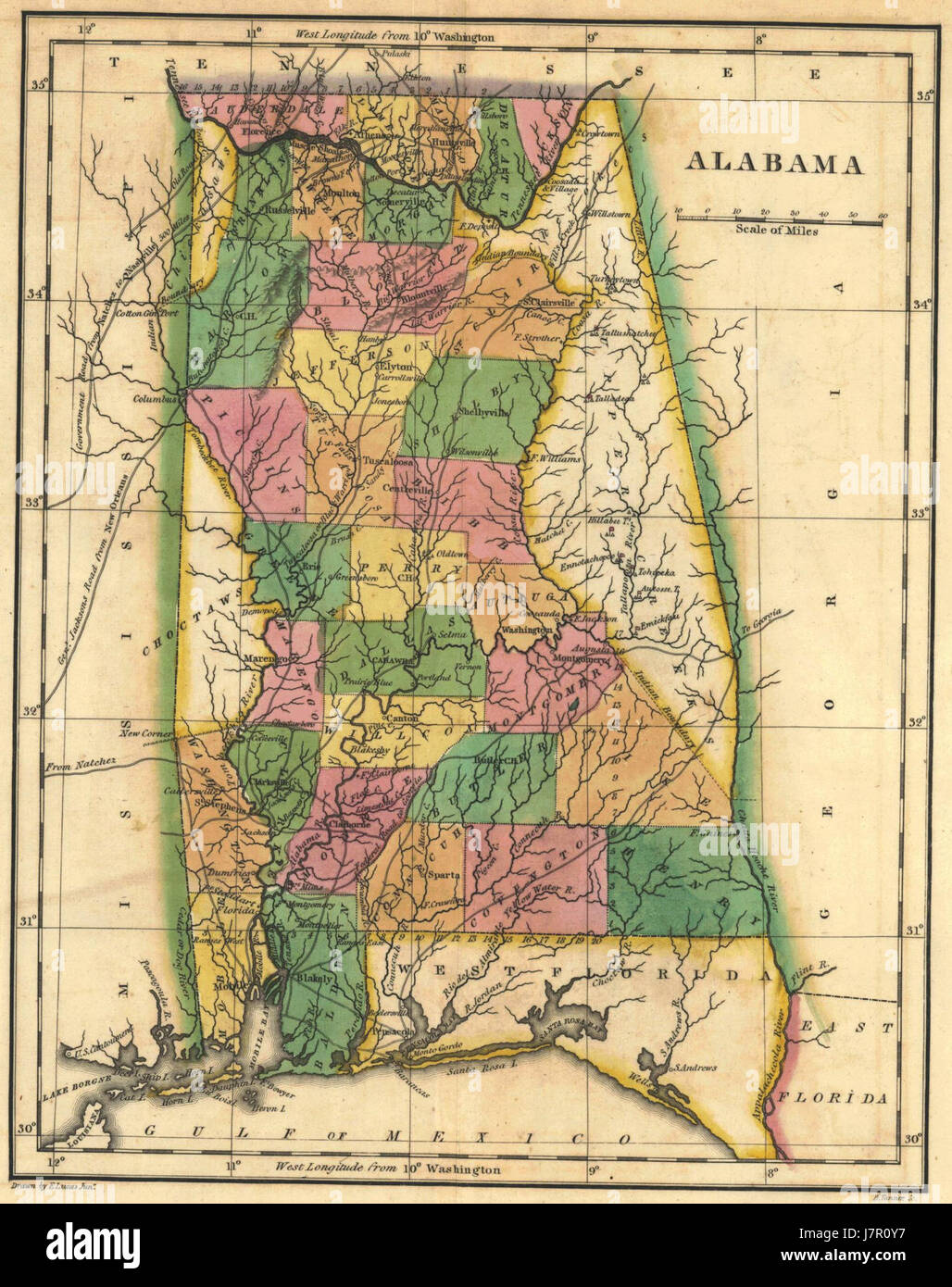 La mappa del 1822 delle contee dell'Alabama mostra la prima divisione dello stato in contee. Fornisce approfondimenti storici sull'organizzazione territoriale dell'Alabama e sul suo sviluppo durante l'inizio del XIX secolo. Foto Stock