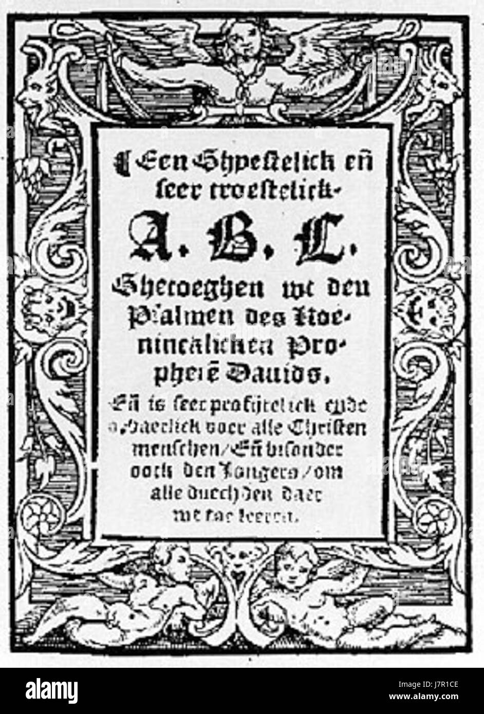 Un libro di alfabeto di Cornelis Crul, pubblicato nel 1551, che mostra le prime tecniche tipografiche e di stampa del periodo rinascimentale. Foto Stock