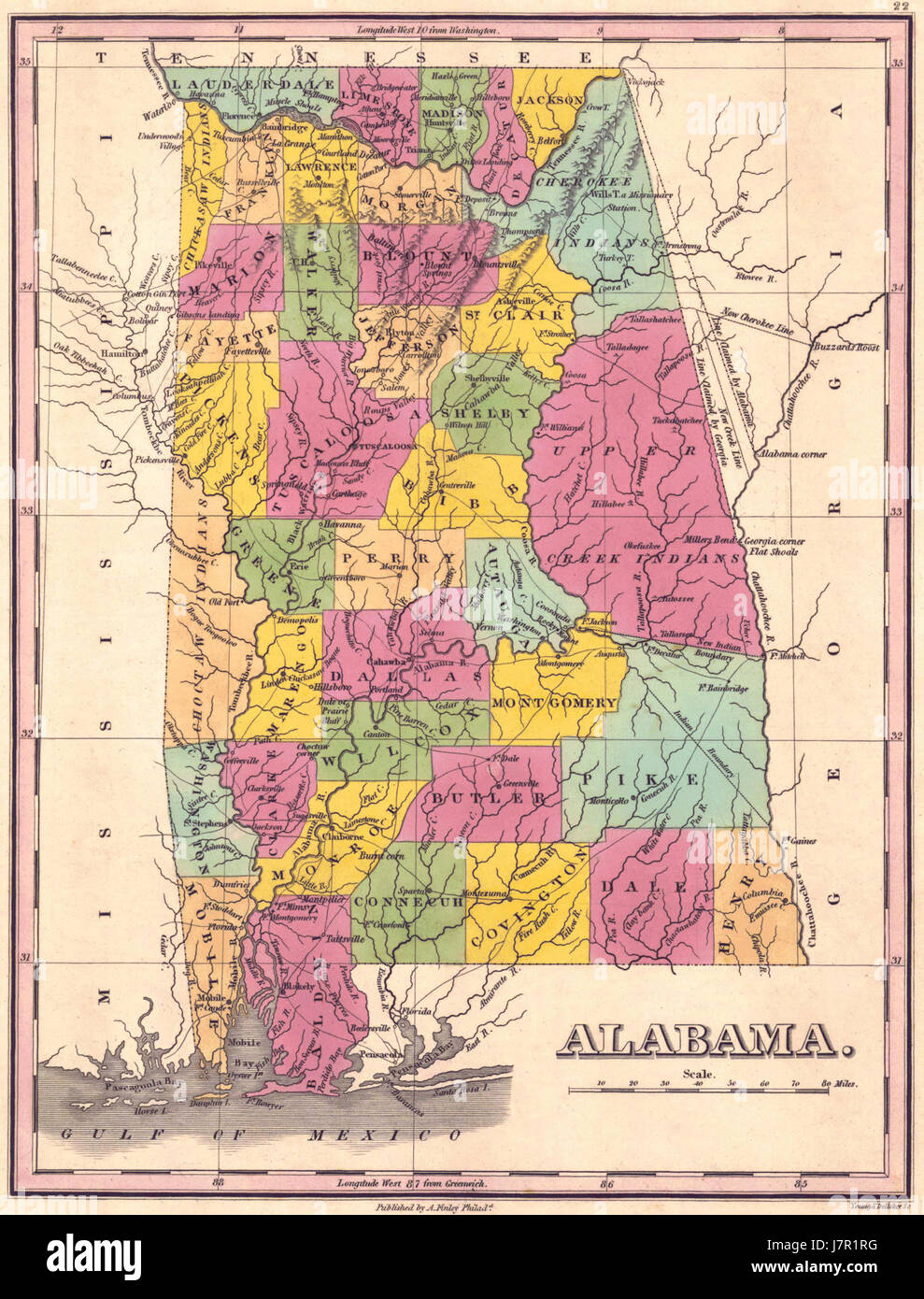 Una mappa storica del 1833 raffigurante le contee dell'Alabama, mostrando la geografia dello stato e le divisioni politiche in quel momento. Foto Stock