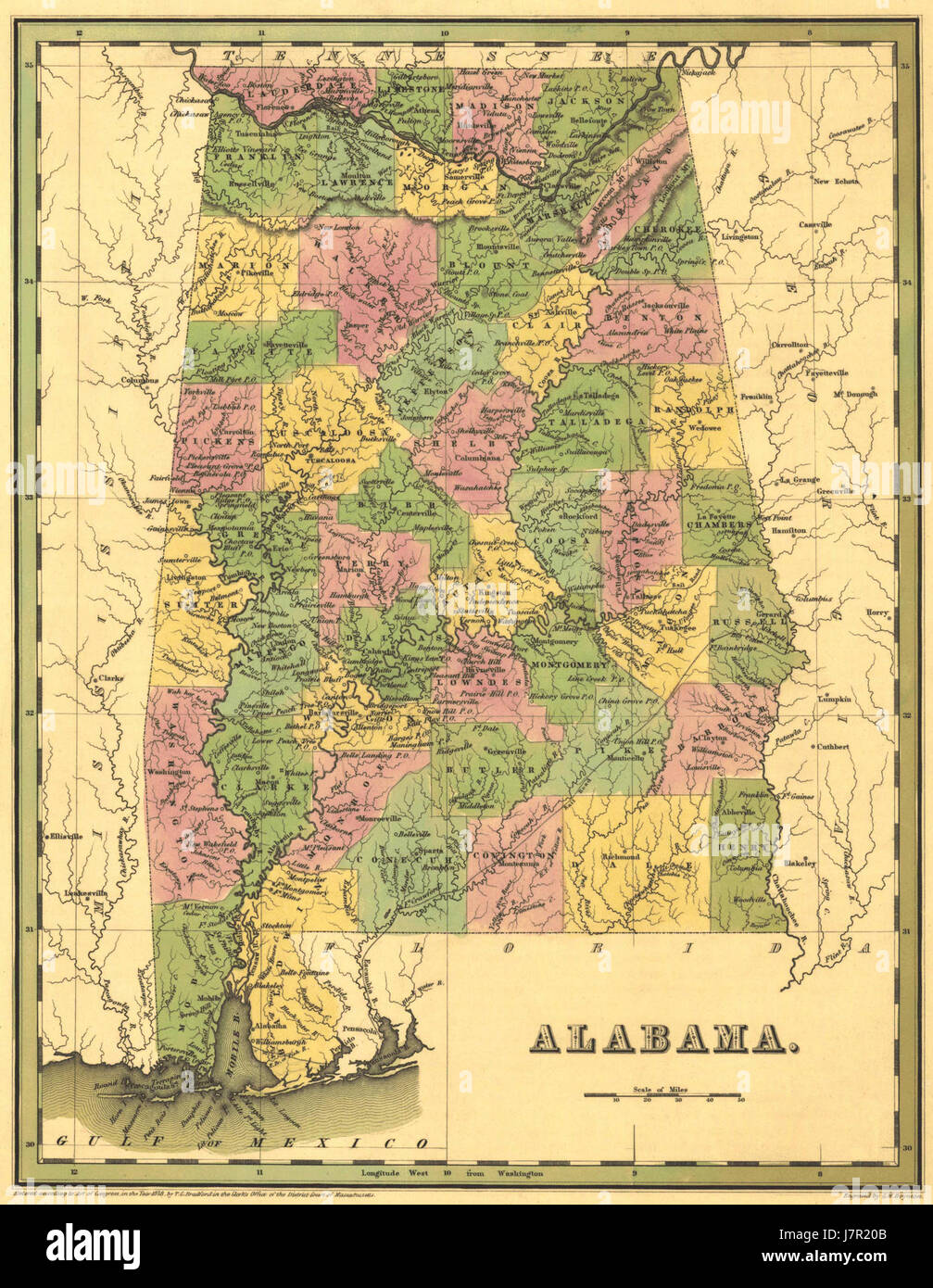 La mappa del 1838 delle contee dell'Alabama offre una rappresentazione geografica dettagliata delle contee dello stato durante il XIX secolo, evidenziando le divisioni territoriali e gli insediamenti chiave. Foto Stock