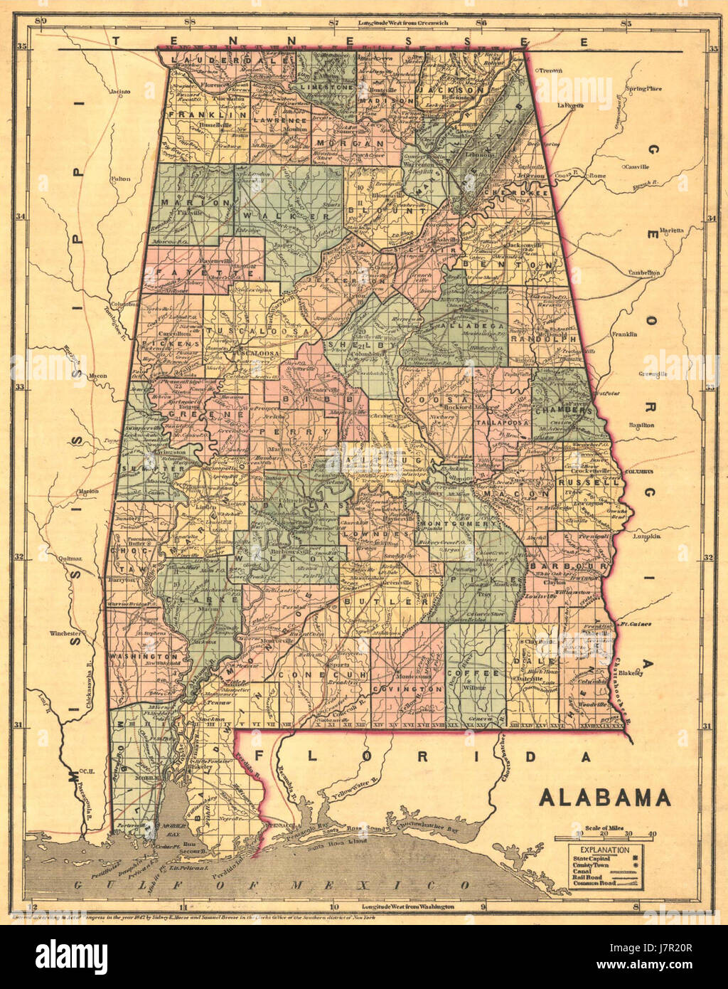 1848 Mappa di Alabama contee Foto Stock
