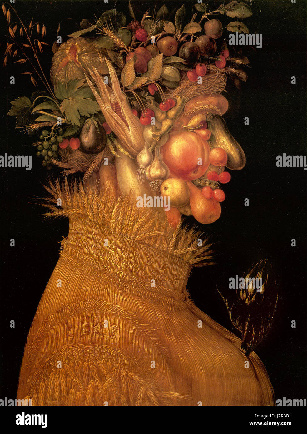 "Summer" di Giuseppe Arcimboldo è un famoso dipinto creato durante il Rinascimento. L'opera presenta un ritratto composto interamente da oggetti legati all'estate come frutta, verdura e fiori. Lo stile distintivo di Arcimboldo unisce natura morta e ritrattistica per creare un'immagine fantasiosa e simbolica. Foto Stock