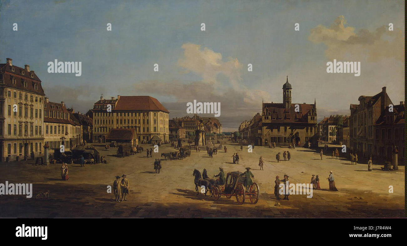 Bernardo Bellotto (Canaletto), Dresden Neustadt, Marktplatz mit Rathaus Foto Stock