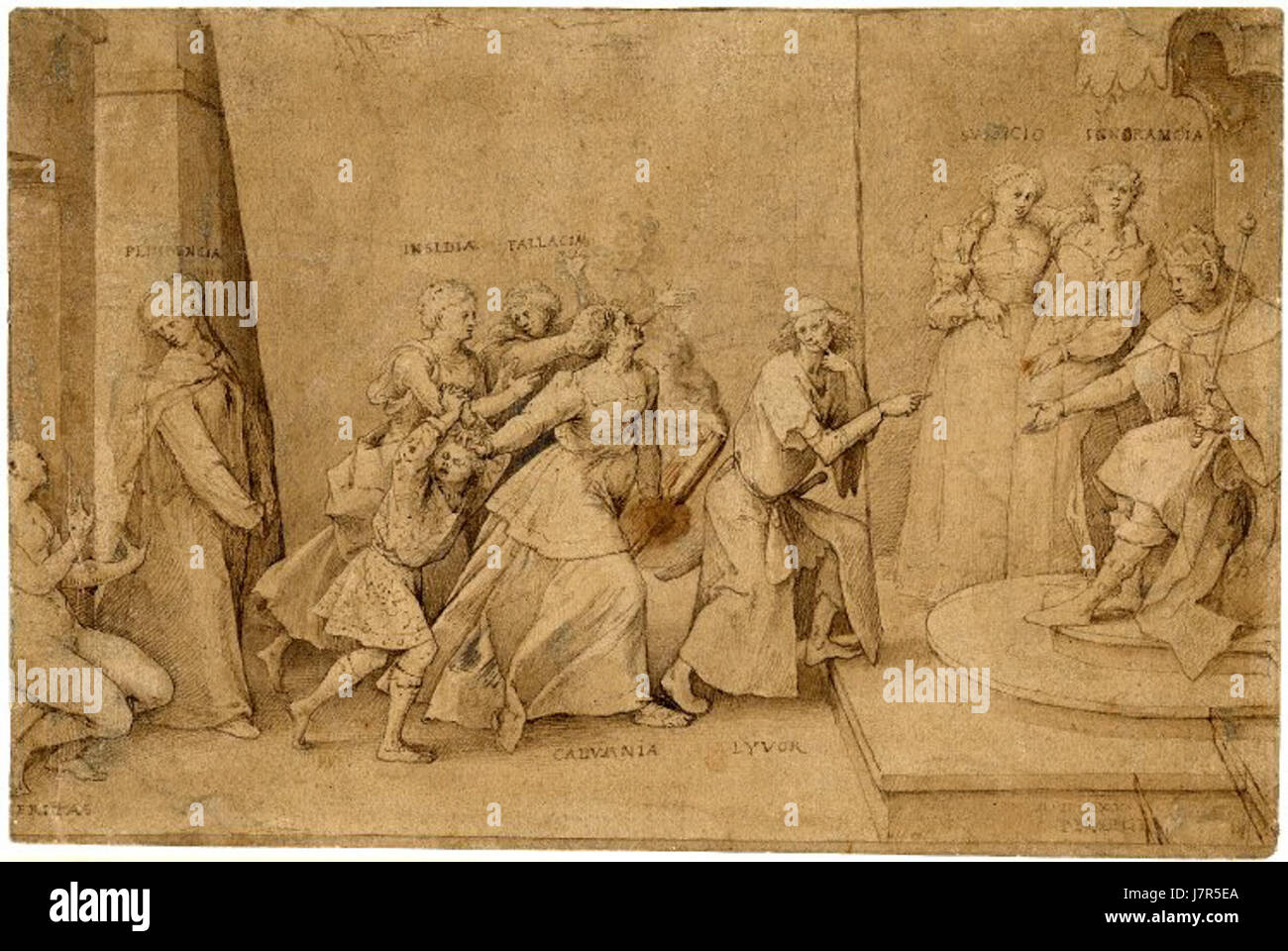 Un dipinto di Pieter Bruegel il Vecchio, *Calumny di Apelles*, raffigurante l'antico mito greco di Apelles e le conseguenze di false accuse. Foto Stock