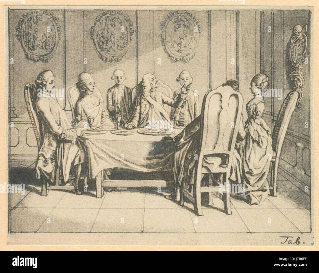 Questa opera, 'Chodowiecki Basedow Tafel 47 d Z', presenta un'illustrazione di Daniel Chodowiecki. Noto per le sue incisioni e illustrazioni, le opere di Chodowiecki spesso rappresentavano scene della vita quotidiana nell'Europa del XVIII secolo. Foto Stock