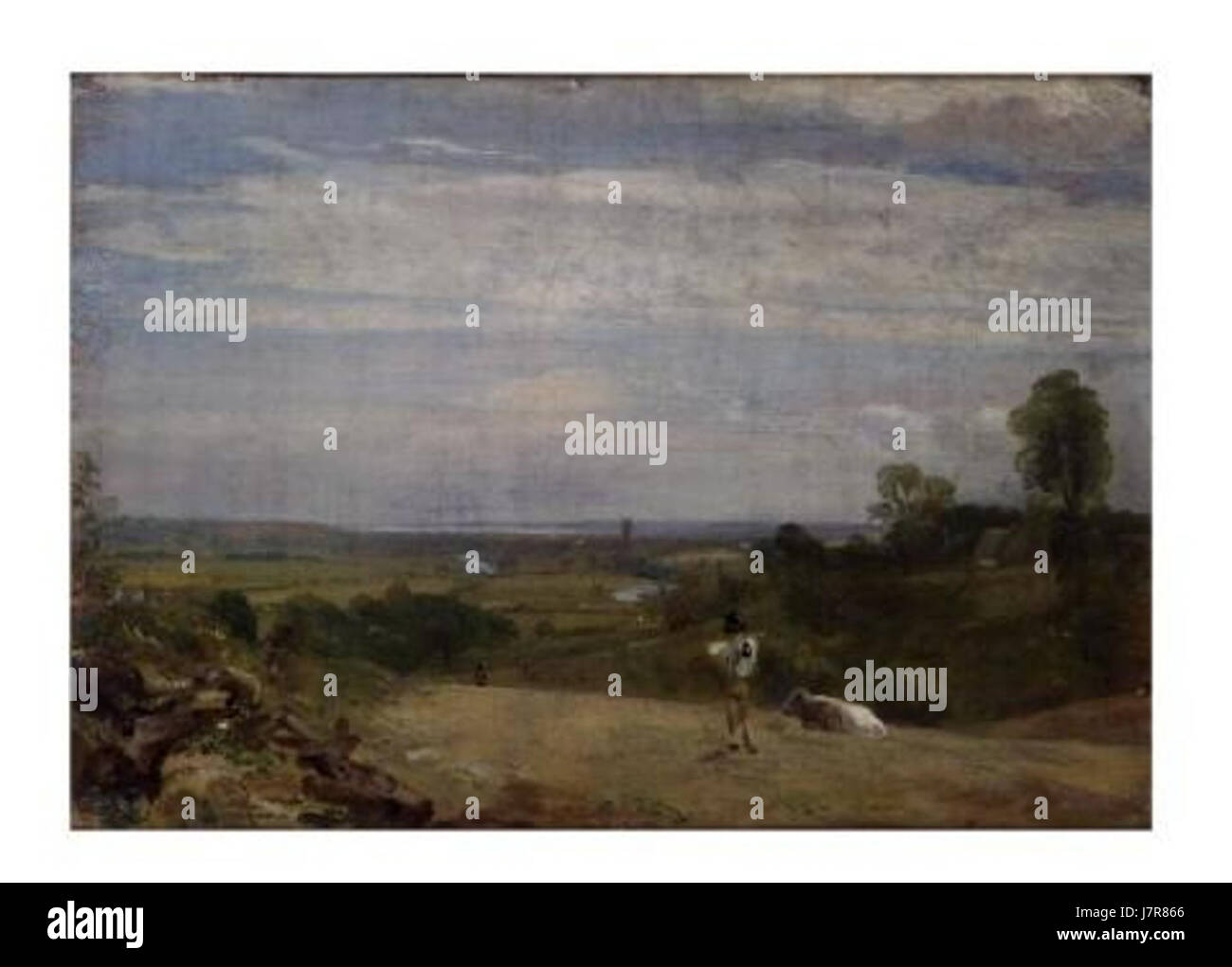 Una vista di Dedham da Langham, che offre una prospettiva panoramica del villaggio e della campagna circostante, che riflette la bellezza del paesaggio inglese nel XIX secolo. Foto Stock