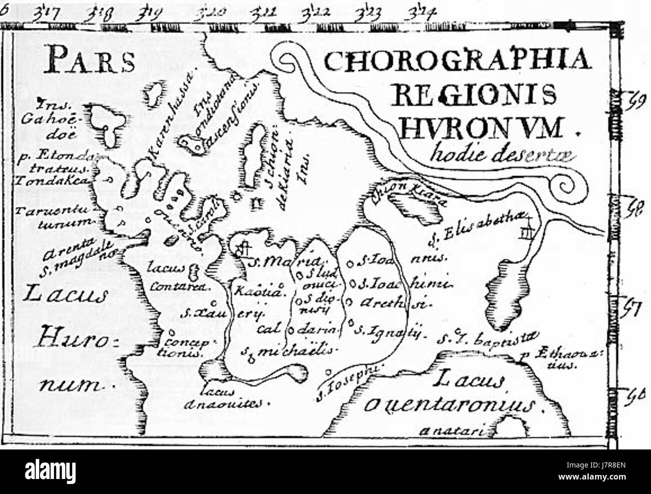 La carte Huronie en 1660 è una mappa storica che raffigura la regione di Huronia in Canada durante il XVII secolo. Evidenzia la geografia e gli insediamenti indigeni prima della colonizzazione europea, cruciale per comprendere la prima storia canadese. Foto Stock