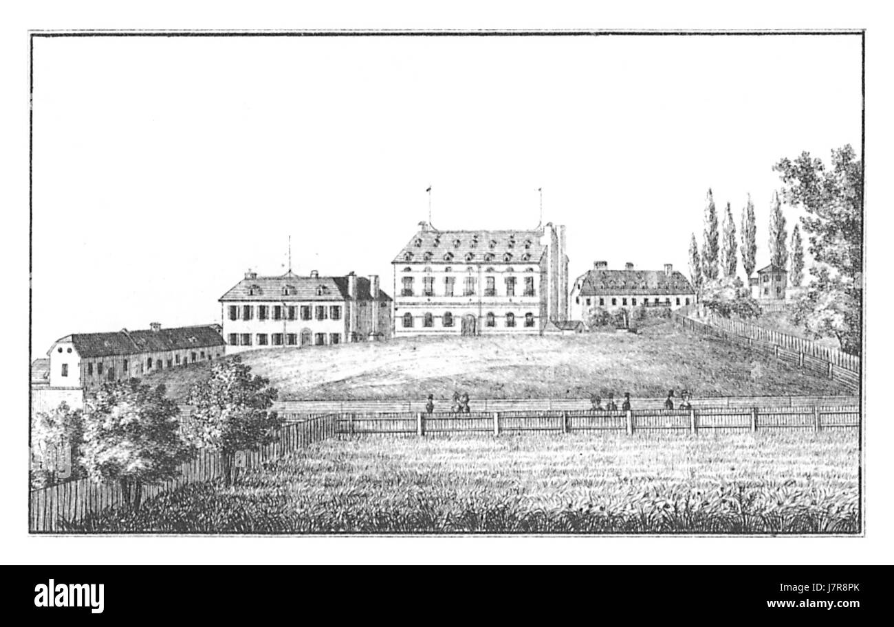 Questa litografia del 1830 di J.F. Kaiser raffigura la K.K. Privilegierte Zucker raffinerie vicino a Graz, Austria, mettendo in evidenza l'architettura industriale e i processi di produzione dello zucchero all'inizio del XIX secolo. Foto Stock