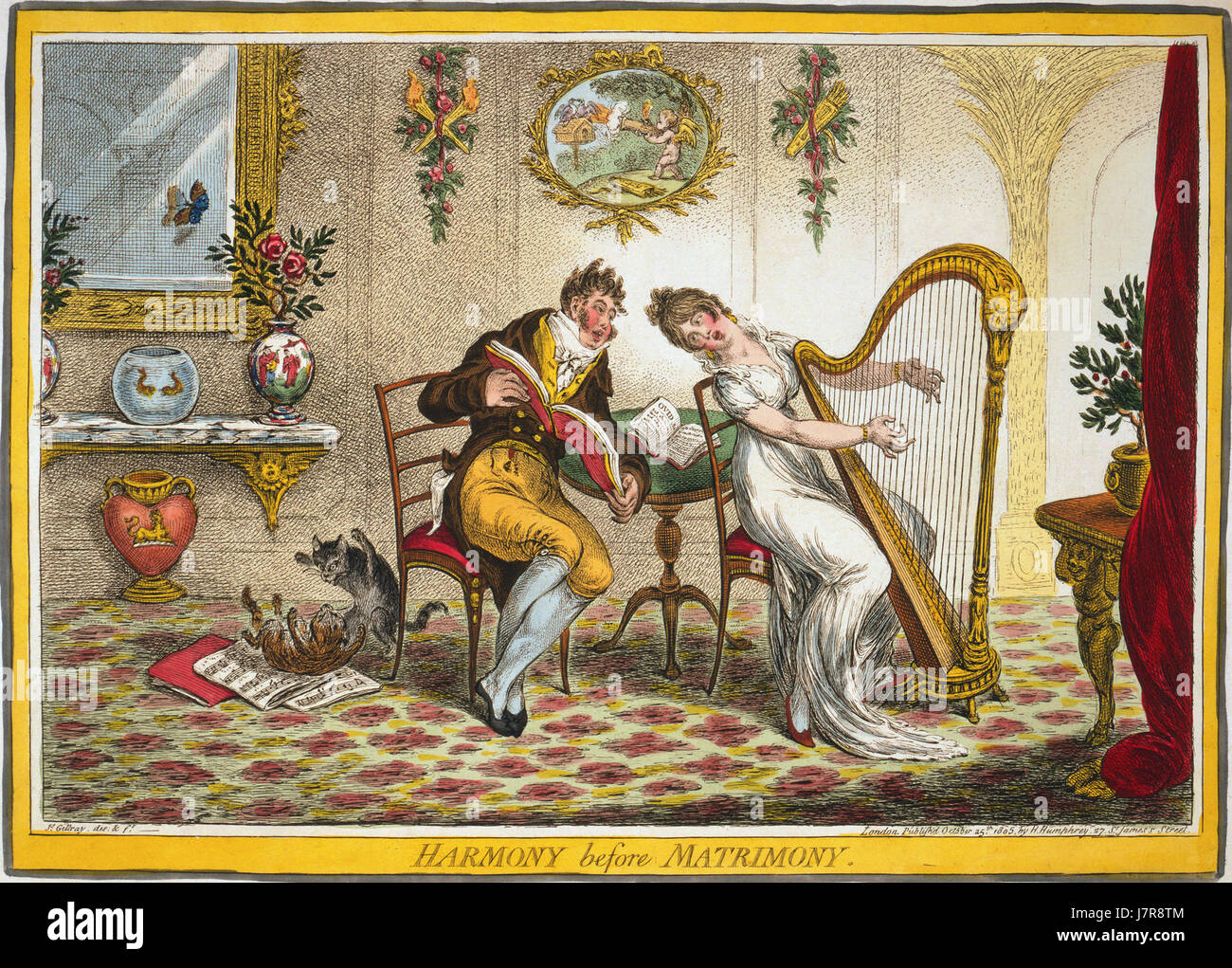 Questo cartone satirico di James Gillray, risalente al 1805, ritrae le dinamiche sociali e le aspettative che circondano il matrimonio nell'Inghilterra del XVIII secolo. L'immagine affronta umoristicamente le relazioni pre-coniugali e le norme sociali del tempo. Foto Stock