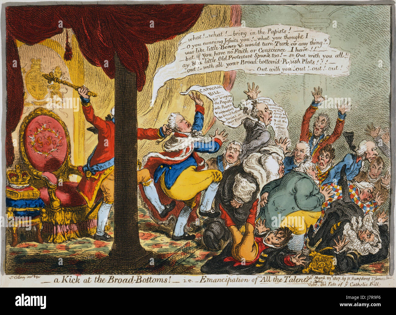 Un cartone animato politico satirico di James Gillray intitolato "A Kick at the Broad Bottoms", probabilmente rivolto a figure politiche dell'inizio del XIX secolo, che mostra il suo stile distintivo di caricatura e commento sociale. Foto Stock