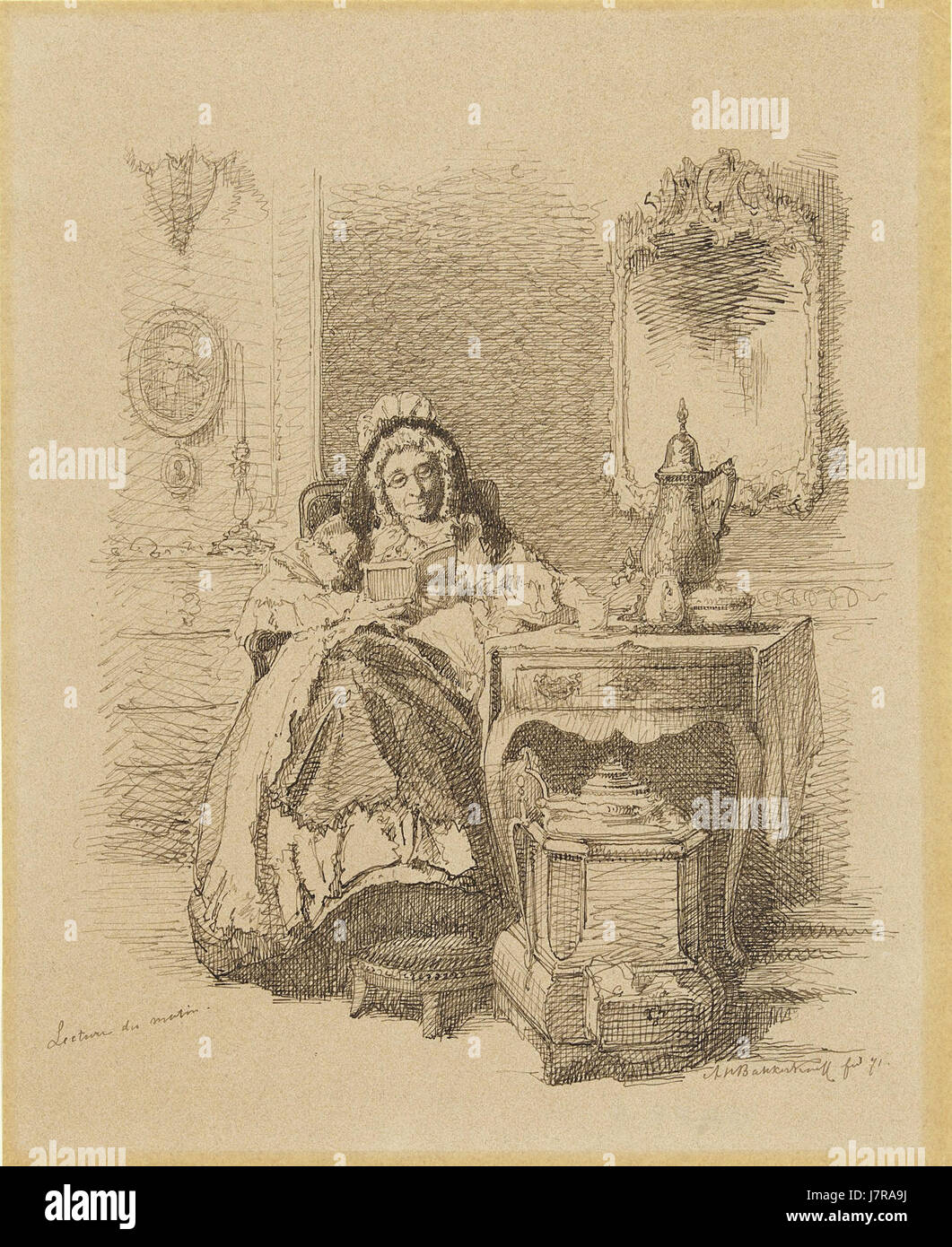 "Lecture du matin, lezende oude dame" (lettura mattutina, lettura della Vecchia Signora) di Alexander Hugo Bakker Korff è un dipinto che raffigura una scena serena di una donna anziana che legge alla luce del mattino, riflettendo l'attenzione dell'artista per i dettagli e la delicata rappresentazione della vita quotidiana. Foto Stock