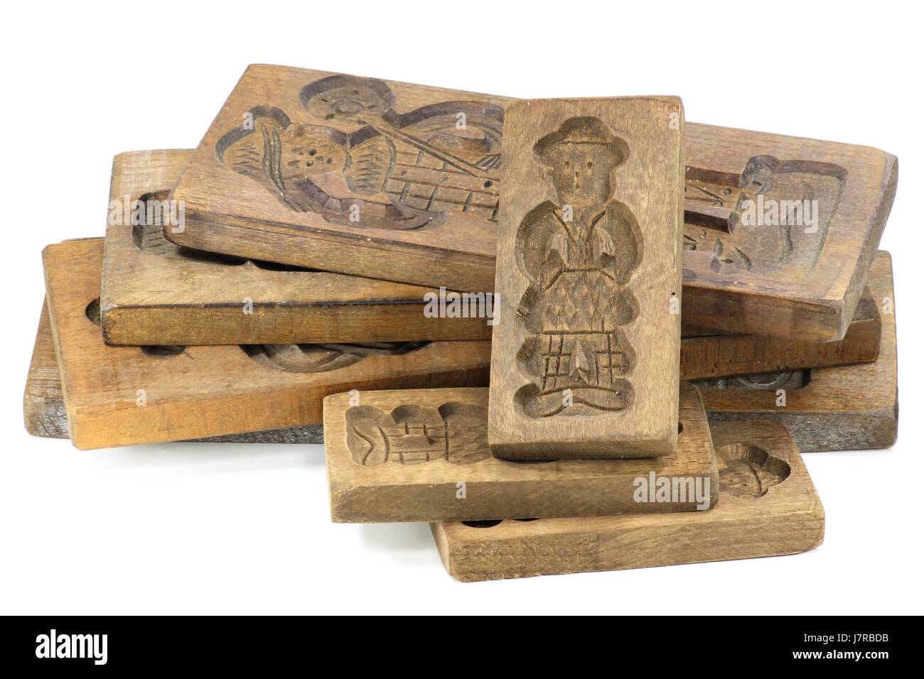 Scolpito a mano speculoos stampi isolati su sfondo bianco Foto Stock