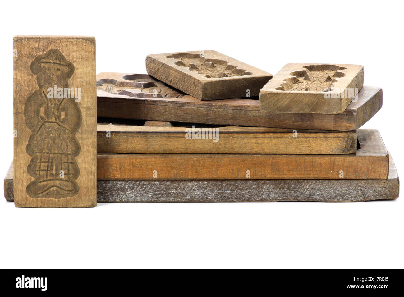 Scolpito a mano speculoos stampi isolati su sfondo bianco Foto Stock