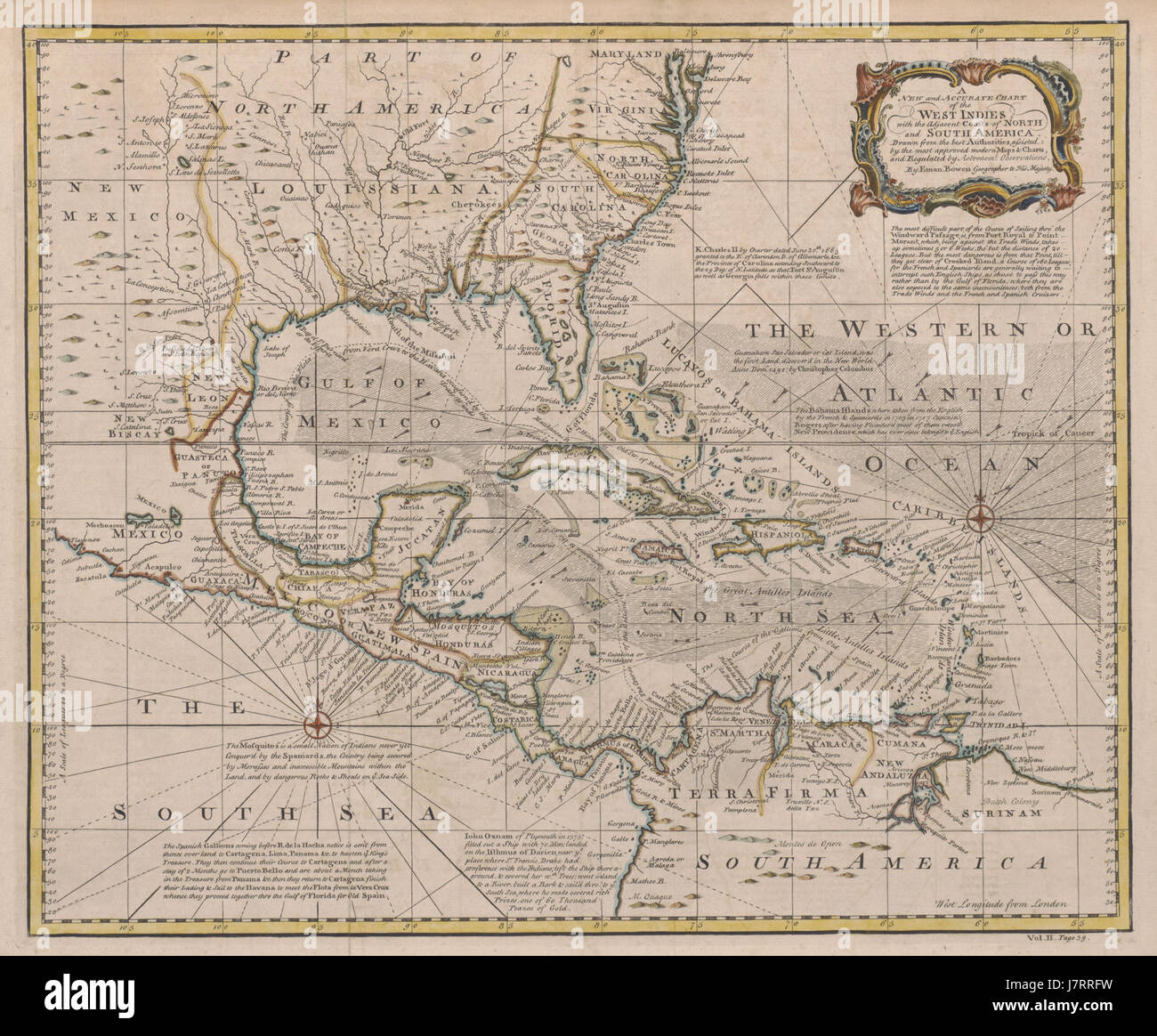 1720 Mappa delle Indie occidentali con le adiacenti coste del Nord e Sud America (Bowen) Foto Stock