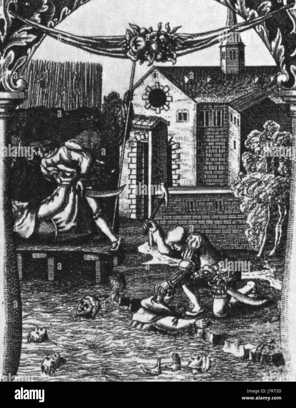 Blodbadstavlan scen 6 è una rappresentazione di una scena del dramma svedese "Blodbadstavlan", che illustra un momento significativo nella narrazione, catturando l'intensità emotiva e la natura drammatica della storia. Foto Stock