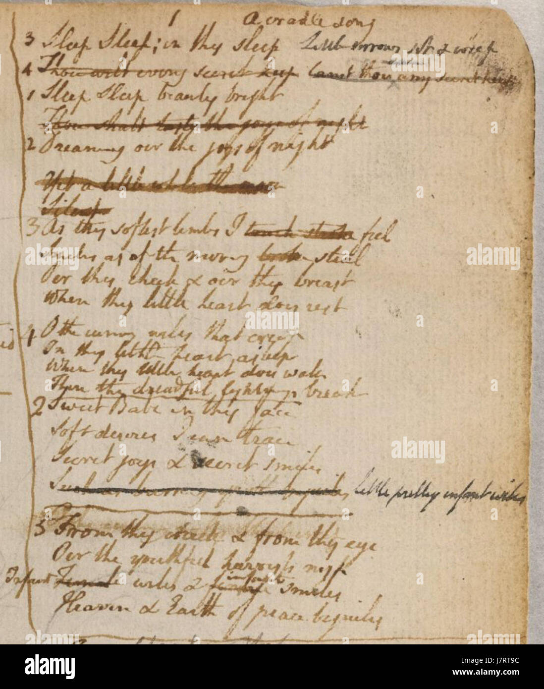 Il manoscritto di Blake, intitolato "A Cradle Song", è un'opera poetica di William Blake, che presenta temi di innocenza e infanzia, tipici del suo stile artistico e letterario. Foto Stock