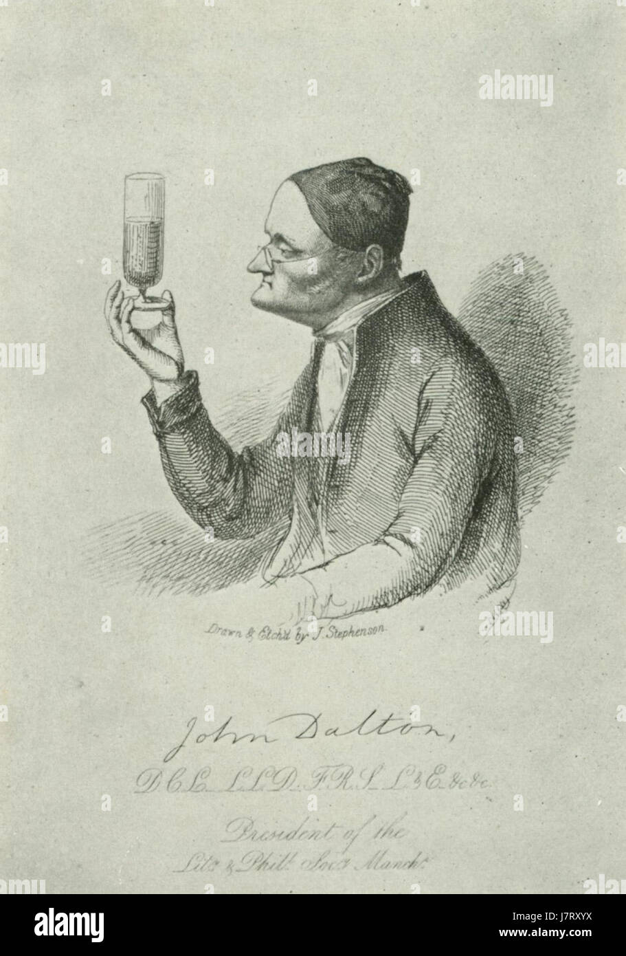 Questa incisione di John Dalton raffigura il notevole ingegnere George Stephenson, rinomato per i suoi contributi allo sviluppo della locomotiva a vapore. Il lavoro di Daltonâ mette in risalto la tradizione di Stephensonâ nel campo dell'ingegneria e dei trasporti. Foto Stock