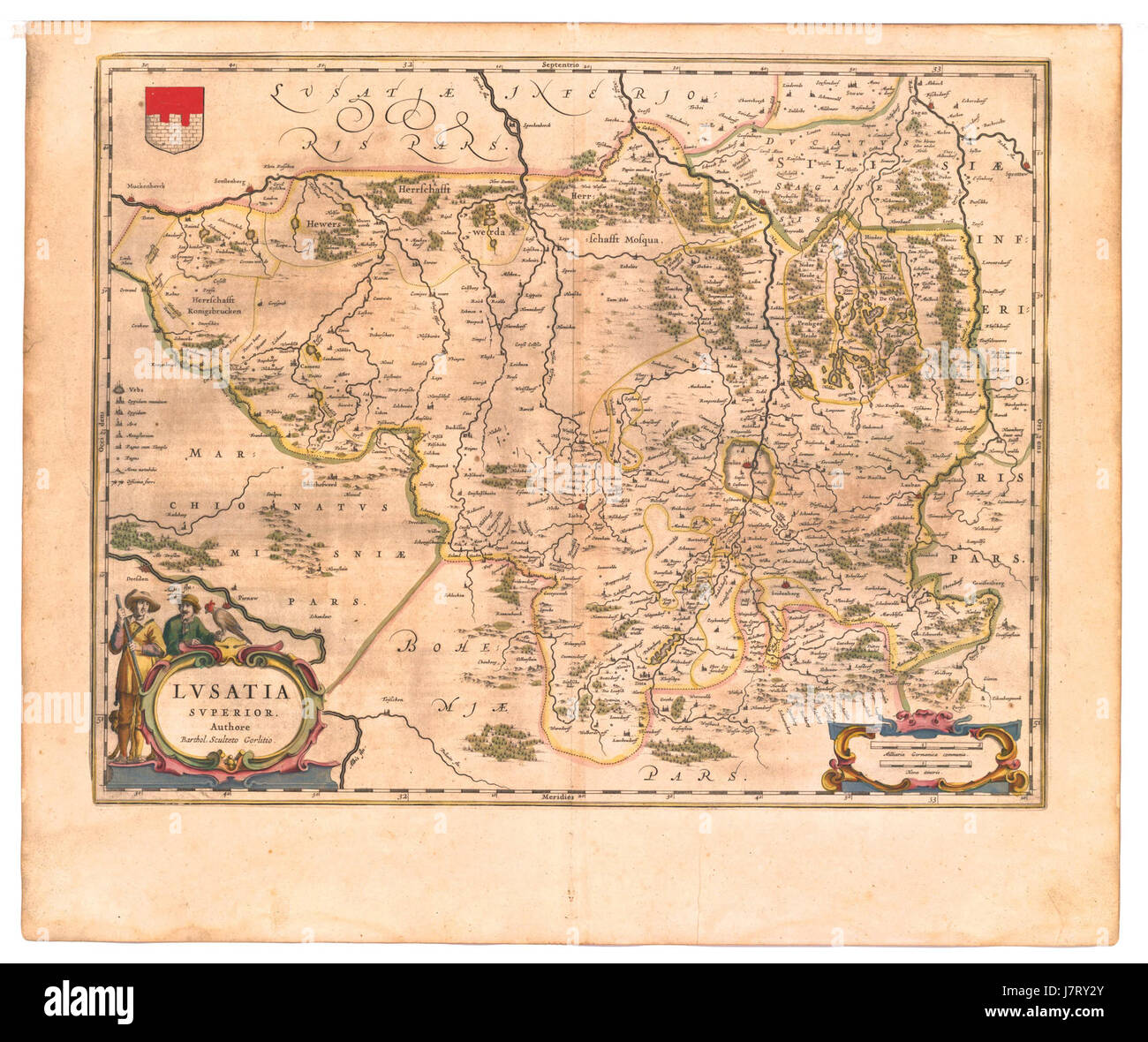 La mappa della Lusazia superiore, creata da Blaeu nel 1645, offre una rappresentazione dettagliata della regione della Lusazia, un'area che copre parti della Germania moderna e della Polonia. La mappa è un documento storico chiave, che illustra le caratteristiche geografiche e gli insediamenti durante il XVII secolo. Foto Stock