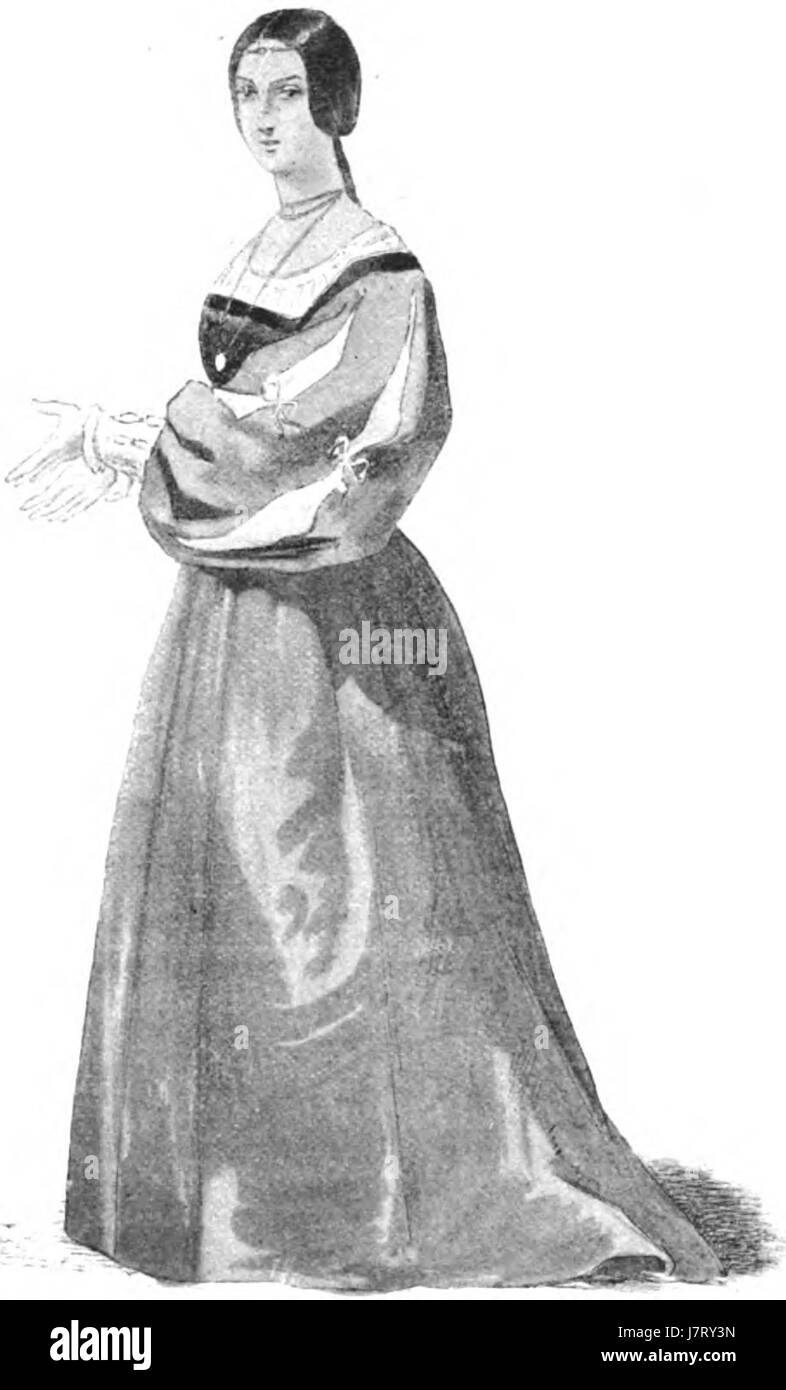 Questo costume disegnato da Julien del 1888 rappresenta il personaggio Teresa nell'opera di Hector Berlioz "benvenuto Cellini". Il design cattura lo stile teatrale del XIX secolo e la rappresentazione del personaggio nell'opera. Foto Stock