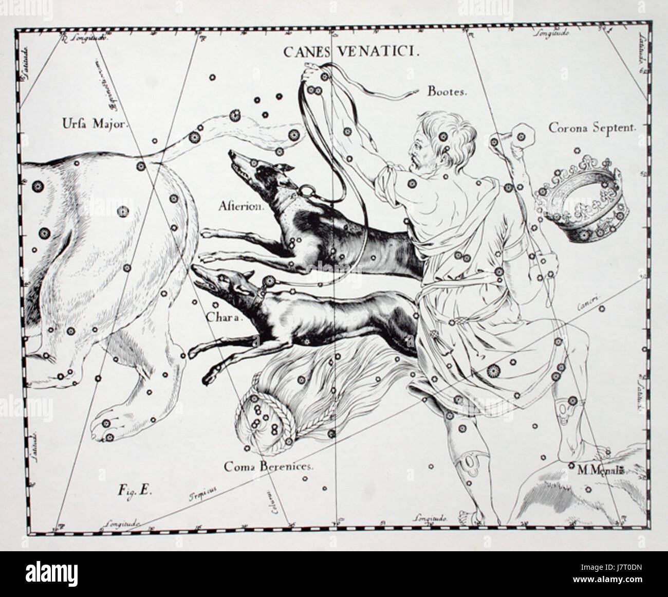 Canes Venatici è una costellazione introdotta da Johannes Hevelius nel XVII secolo. In latino significa "cani da caccia" e raffigura i cani del mitologico cacciatore Actaeone. Questa costellazione si trova nell'emisfero settentrionale e contiene diversi oggetti notevoli del cielo profondo, tra cui galassie e ammassi stellari, il che la rende interessante per gli studi astronomici. Foto Stock