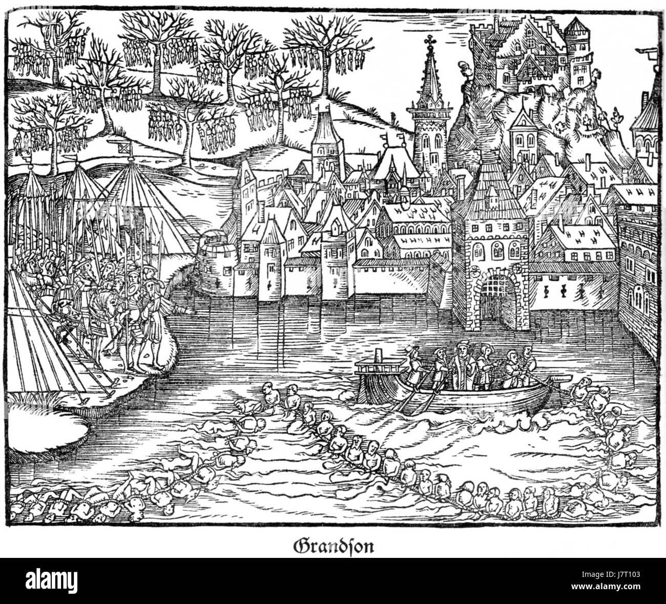 Il titolo si riferisce all'assedio di nipote, un evento storico che ebbe luogo durante le guerre borgognone del 1476, dove l'esercito svizzero difese con successo la città di nipote contro le forze di Carlo il Temerario. Foto Stock