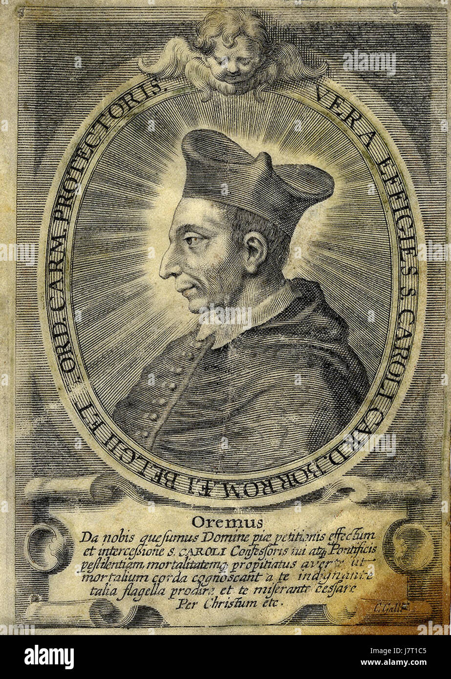 Questa immagine presenta effigie create da Christofano Paolo Galli, che rappresenta San Carlo Borromeo, cardinale. Le effigie sono rappresentazioni significative di figure religiose, con particolare attenzione al periodo barocco in Italia. L'opera è associata alla storia religiosa e all'arte del tempo. Foto Stock