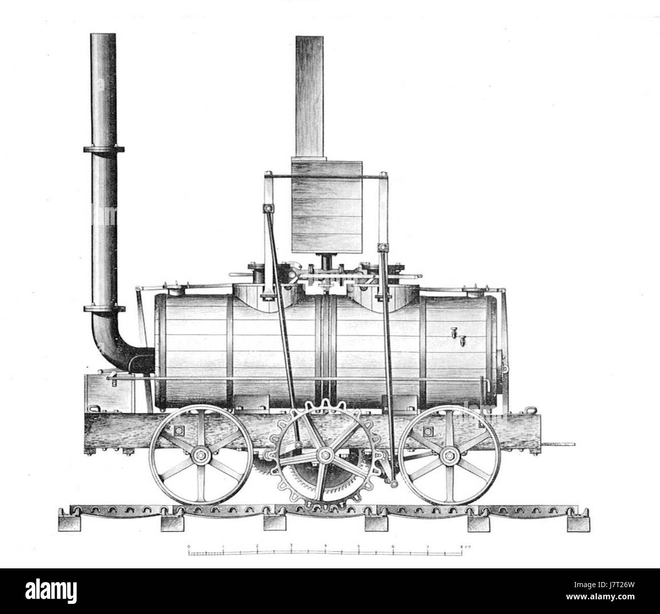 La locomotiva a cremagliera di Blenkinsop, progettata nel 1812, fu uno dei primi sviluppi della tecnologia ferroviaria britannica. Era dotato di un esclusivo sistema a cremagliera per la navigazione su pendii ripidi, segnando un'importante innovazione nei primi viaggi ferroviari. Foto Stock