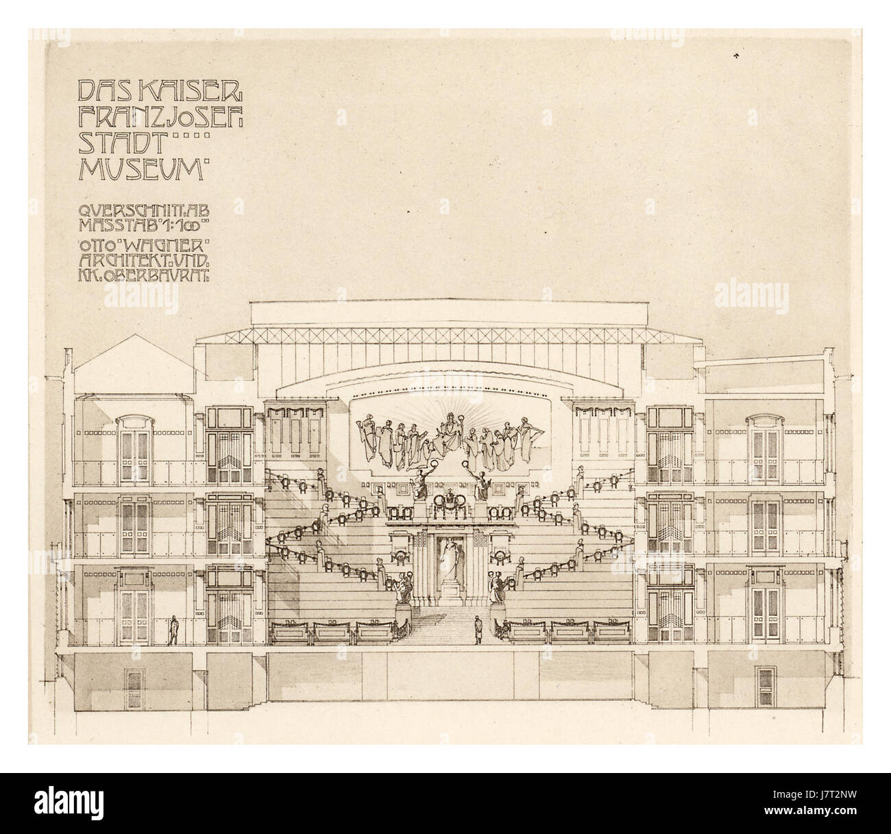 '09 Wagner Studie Stadtmuseum Karlsplatz, Wien BD III Heft 5, 6, 7 Querschnitt Heliogravure' si riferisce a una pubblicazione che presenta studi di Wagner, con immagini eliogravure, pubblicata a Vienna. Per una descrizione dettagliata è necessario un ulteriore contesto. Foto Stock
