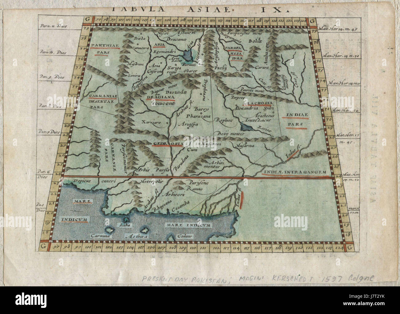 1597 Tolomeo Magini Keschedt Mappa di il Pakistan, l'Iran e Afghanistan Geographicus TabulaAsiaIX magini 1597 Foto Stock