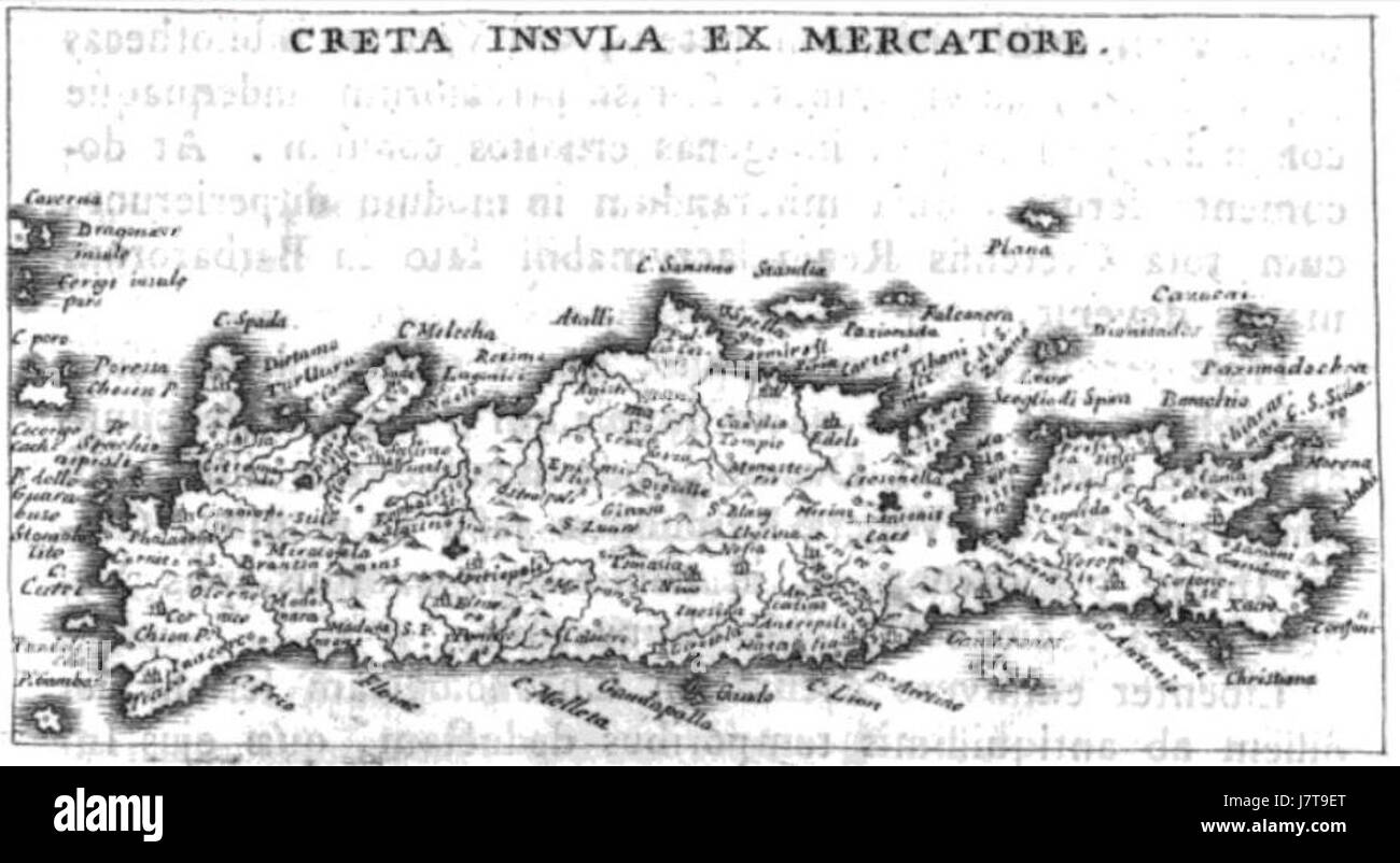 "Creta Insvla Ex Mercatore" si riferisce a un'antica mappa di Creta, creata dal cartografo Gerardus Mercator. Questa mappa, prodotta nel XVI secolo, mostra la geografia dell'isola durante il periodo rinascimentale. Foto Stock