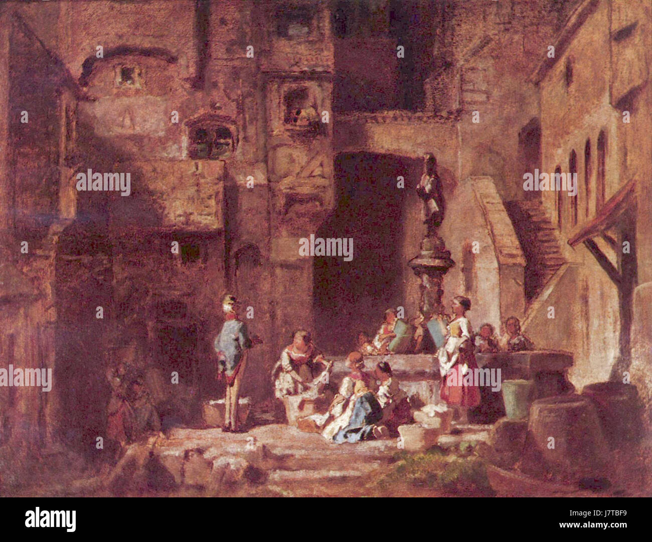 Carl Spitzweg era un pittore romantico tedesco noto per le sue dettagliate raffigurazioni di scene di genere e paesaggi, spesso riflettendo umorismo e satira. Foto Stock