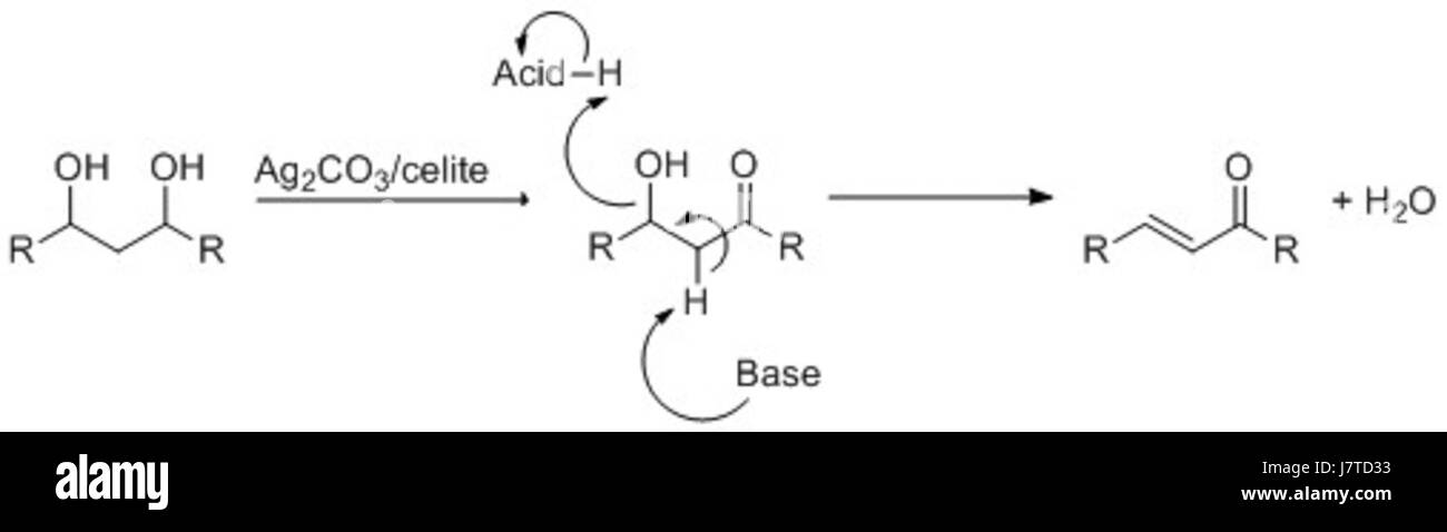 Questo processo chimico comporta la conversione di 1,3-dioli in enoni, che è una reazione significativa in chimica organica. Svolge un ruolo importante nella sintesi dei composti per applicazioni farmaceutiche, industriali e di scienza dei materiali. Foto Stock