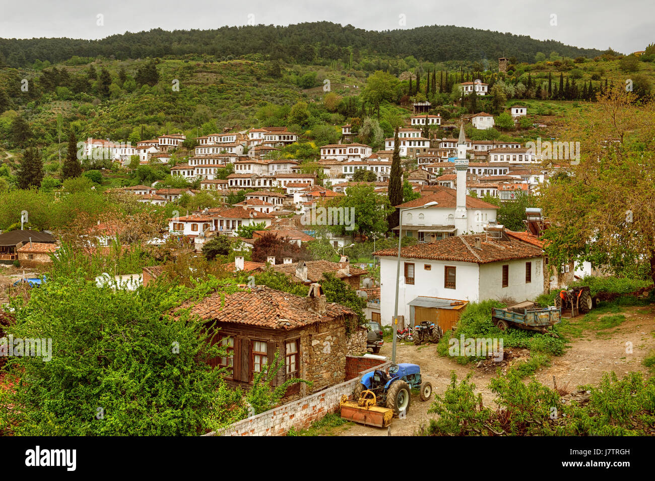 Una vista panoramica dello storico villaggio di Şirince, in Turchia, con le sue tradizionali case bianche sormontate da tetti di tegole rosse immerse in un verde lussureggiante Foto Stock