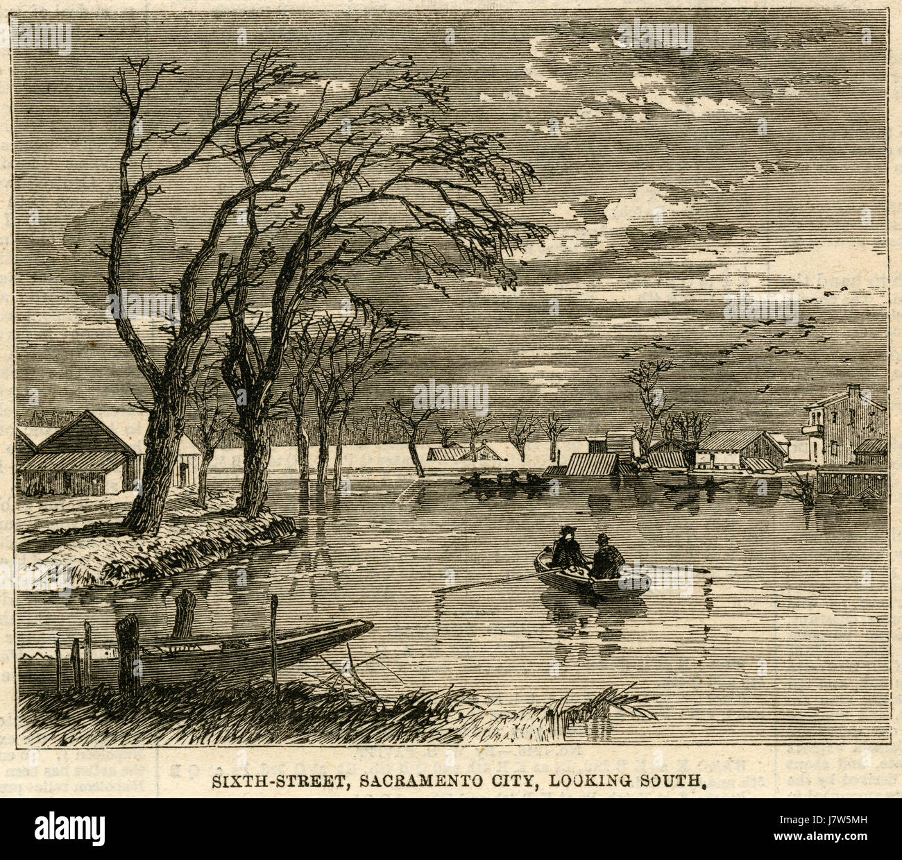 Antique c1862 incisione, Sesto Street flood, città di Sacramento, guardando verso sud. La grande alluvione del 1862 è stata la più grande alluvione nella storia registrata di Oregon, Nevada e California, verificatisi a partire dal dicembre 1861 al gennaio 1862. La città di Sacramento ha sofferto il peggior danno dovuto al suo argine, che giacciono in un ampio e valle piatta in corrispondenza della giunzione della American e fiumi di Sacramento. Quando le acque alluvionali immessi dalla terra superiore a est, l'argine ha agito come una diga per mantenere l'acqua nella città piuttosto che lasciarlo defluire. Fonte: incisione originale. Foto Stock