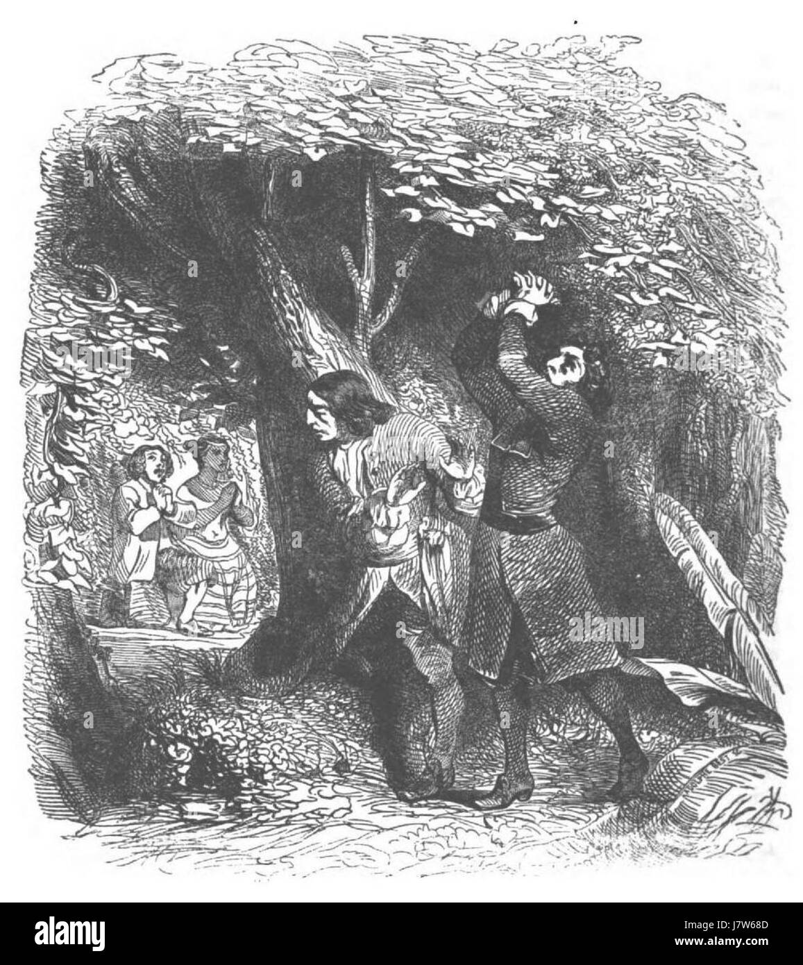 Una classica illustrazione o riferimento a "avventura di Robinson Crusoe", una traduzione italiana del famoso romanzo "Robinson Crusoe". Il libro racconta la storia di un naufragio che sopravvive su un'isola deserta. Foto Stock