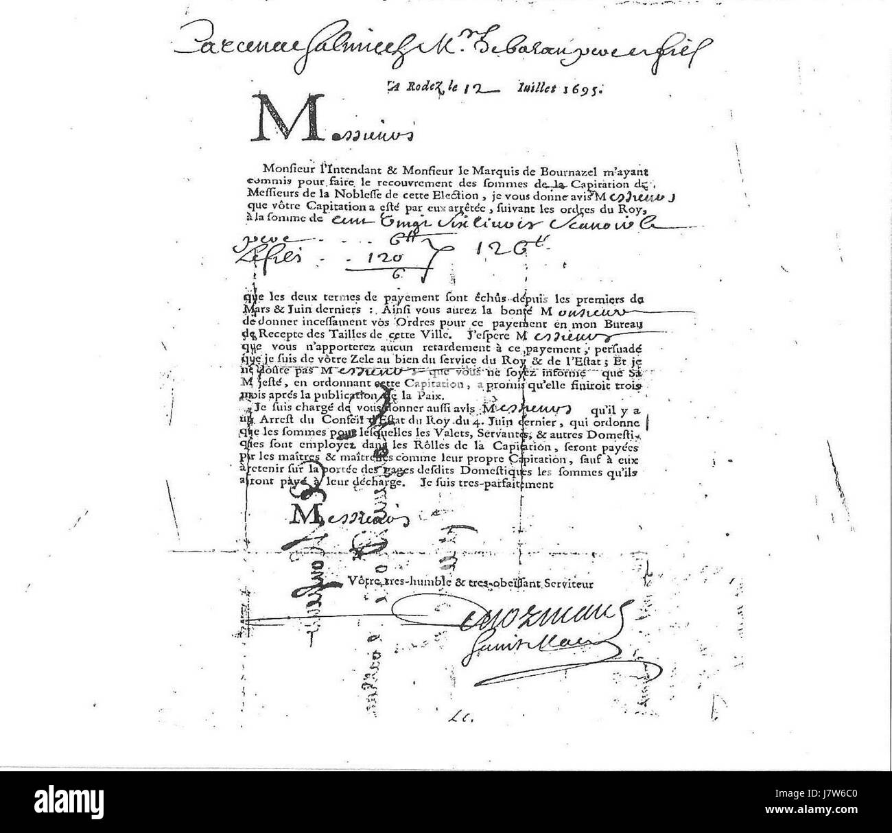 La *Capitation de 1695* si riferisce a un registro fiscale francese del 1695, che descrive dettagliatamente l'imposta di capitazione riscossa durante il regno di re Luigi XIV, che faceva parte del sistema fiscale francese. Foto Stock