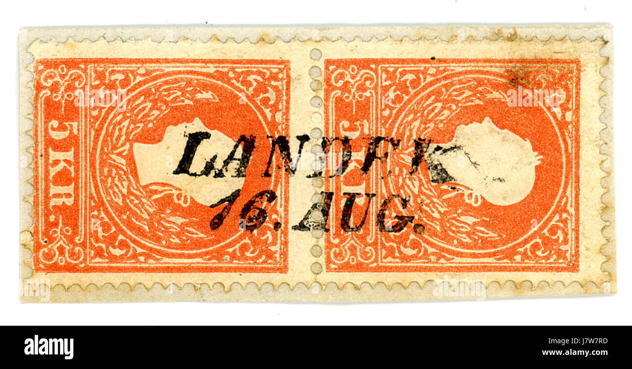 Questo titolo si riferisce a un messaggio postale del 1859 con una coppia di 5Kr e un timbro postale lineare Landek, probabilmente un timbro raro usato nella storia postale. Foto Stock
