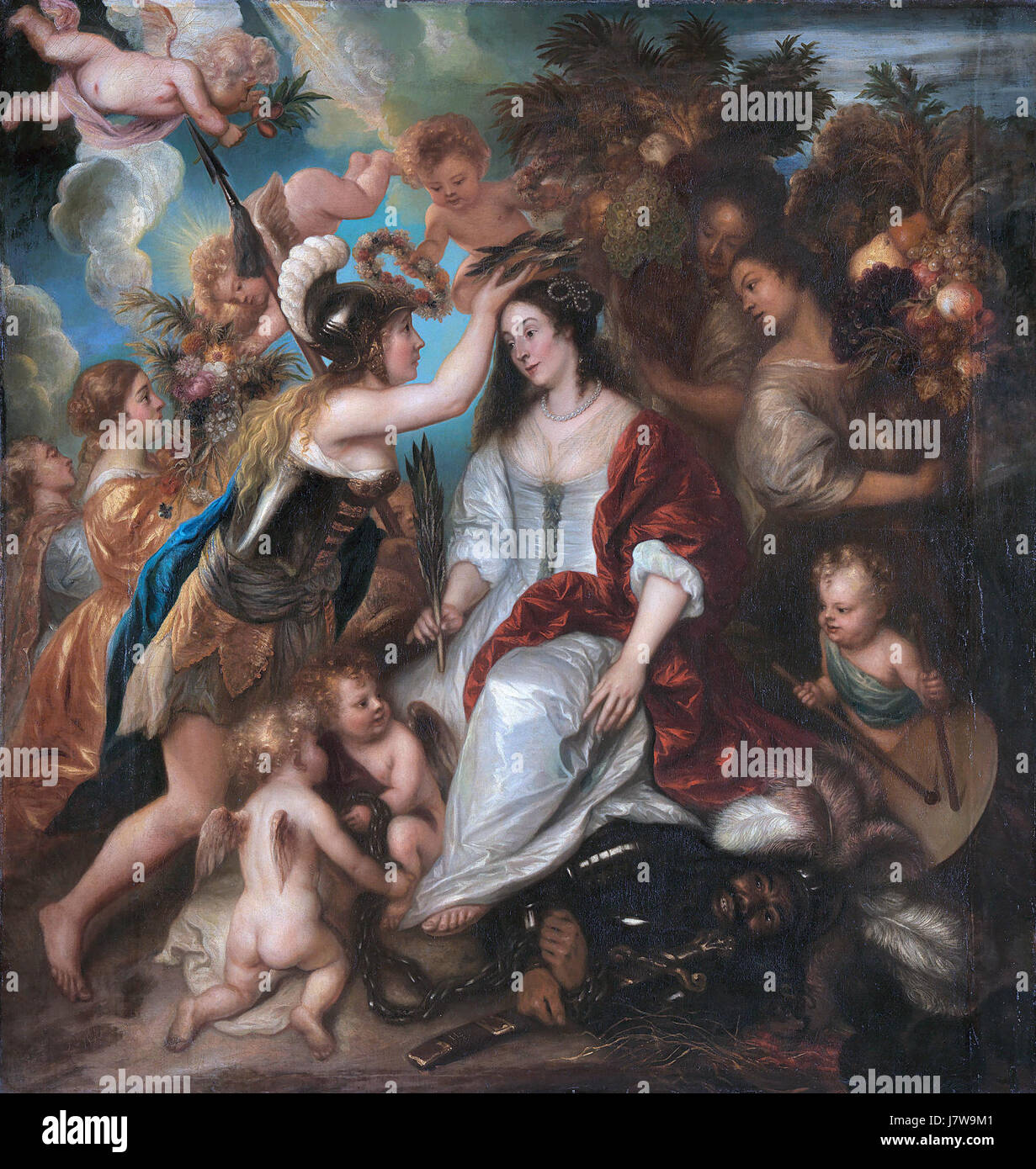 "Allegorie op de vrede" è un dipinto allegorico ospitato nel Rijksmuseum, che simboleggia la pace attraverso immagini classiche e simbolismo artistico, che riflette l'arte e il pensiero politico olandesi del XVII secolo. Foto Stock