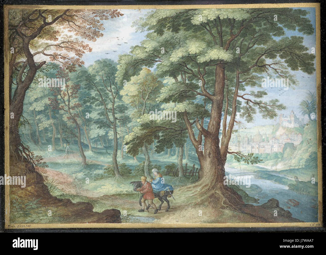 *Fuite en Egypte* (fuga in Egitto) di Brentel raffigura la scena biblica della fuga del Santo familyÂ in Egitto. Questa rappresentazione artistica esplora temi religiosi di protezione e di intervento divino durante i primi anni di vita di Gesù. Foto Stock