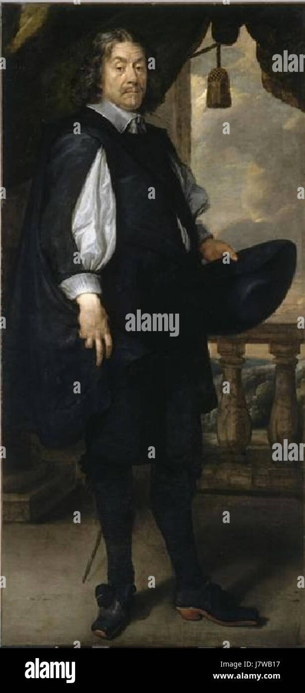 "Standing Man Hold a Hat" di Anselm van Hulle raffigura una figura del XVI o XVII secolo, catturando un momento di vita quotidiana attraverso la ritrattistica. Foto Stock