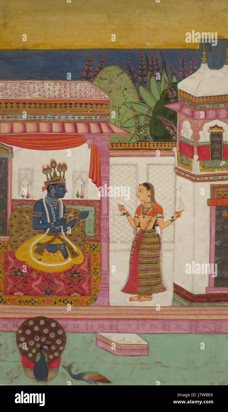 Questa illustrazione, creata per il testo di Rasikapriya nel 1660, è uno squisito esempio di arte indiana, raffigurante temi di amore e devozione in stile tradizionale. Foto Stock