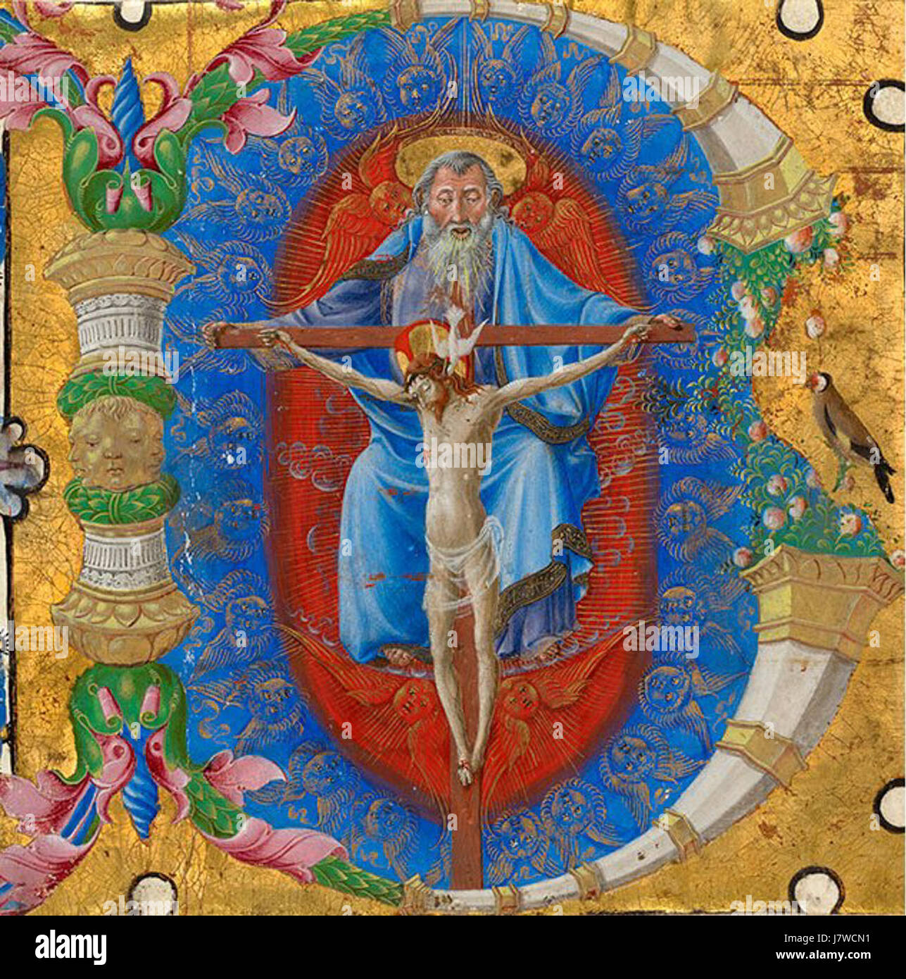 La Trinità di Taddeo Crivelli, creata tra il 1460 e il 1470, è un'importante pittura religiosa del Rinascimento italiano. Raffigura la Santa Trinità, un tema comune nell'arte religiosa, che mostra la maestria di Crivelli nel combinare iconografia dettagliata con significato simbolico. Foto Stock