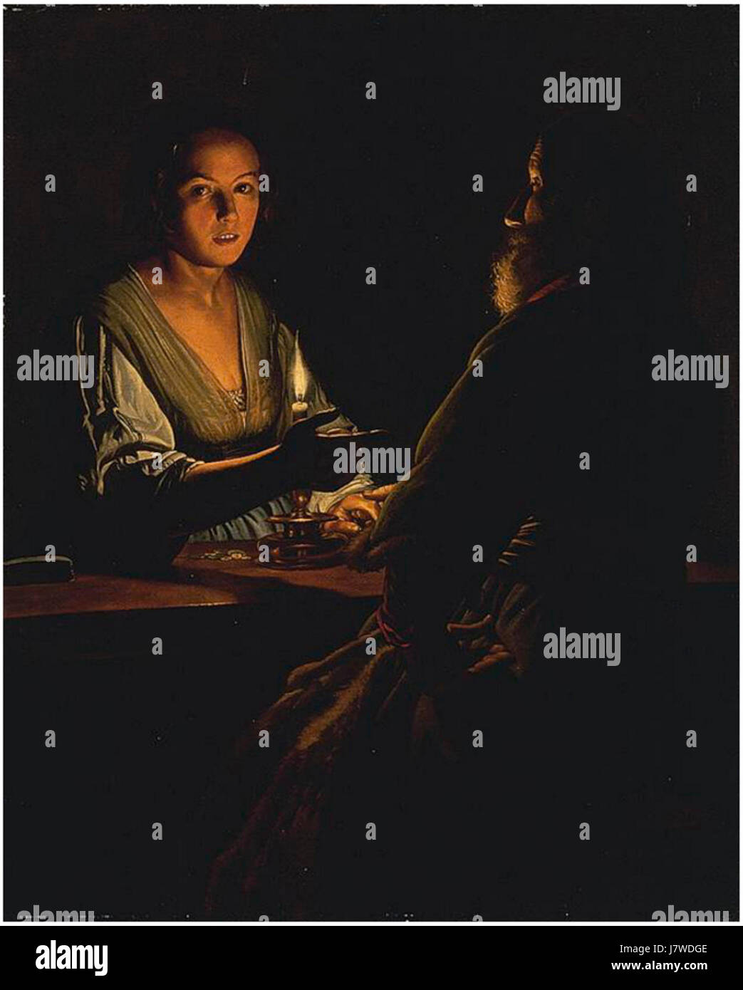 La "negazione di San Pietro" di Adam de Coster è un dipinto storico che raffigura il momento biblico in cui San Pietro nega di conoscere Gesù, catturando emozioni drammatiche e temi religiosi. Foto Stock