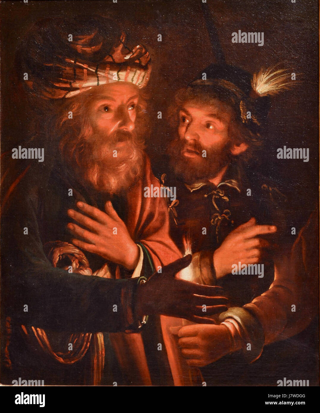 Questo dipinto, attribuito ad Adam de Coster, raffigura la terza negazione di San Pietro. L'opera cattura un momento cruciale del nuovo Testamento, illustrando il momento di negazione di San Pietro durante il processo di Cristo, un evento chiave nella tradizione cristiana. Foto Stock