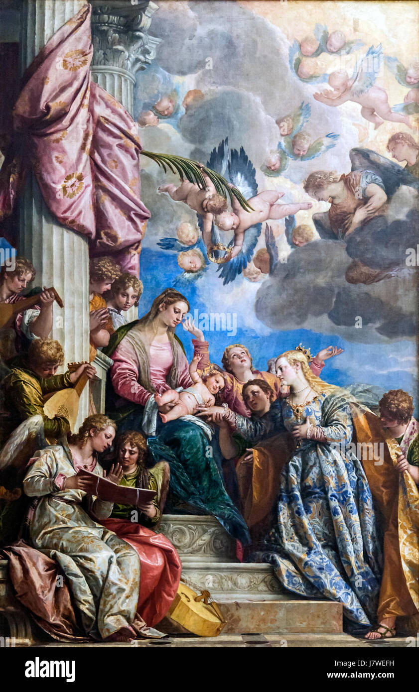 Il matrimonio mistico di Santa Caterina del Veronese è un dipinto rinascimentale che raffigura il momento in cui Santa Caterina d'Alessandria è sposata a Cristo, un soggetto importante nell'iconografia cristiana. Foto Stock
